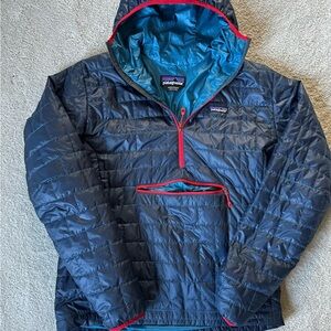 Patagonia Nano Puff Navy and Red Hooded Jacket